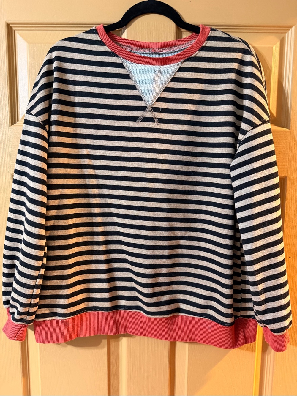 Striped Navy and Cream Women’s Sweater with Coral Trim